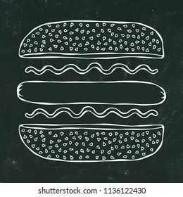 Hotdog. Bun with Sesame, Sausage, Ketchup, Mustard. Fast Food Collection. Black Chalkboard. Hand Drawn High Quality Vector Illustration. Doodle Style.