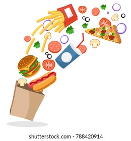 Hotdog, Burger, French fries, pizza and vegetables fly in the package.