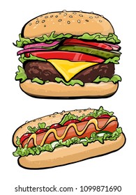 Hotdog and burger illustration fast food