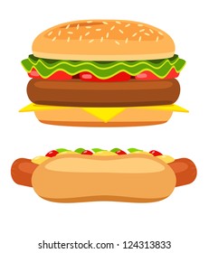 Hotdog and burger on white background. Illustration