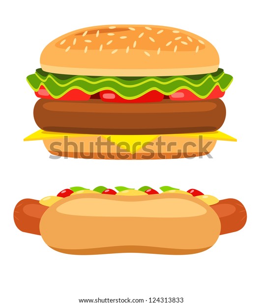 Hotdog and burger on white background. Illustration