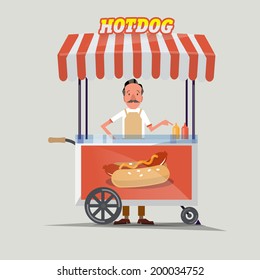 hot-dog cart with seller - vector illustration