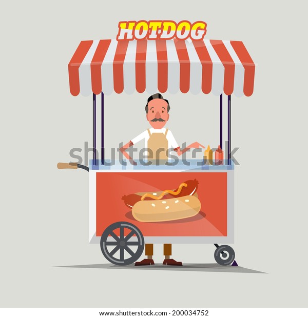 hot-dog cart with\
seller - vector\
illustration