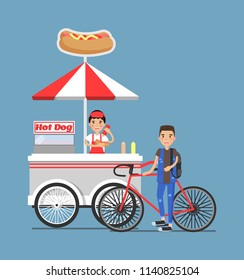 Hot-dog cart vendor in uniform, customer with bicycle. Street snack mobile shop of hot dogs. Fast-food trolley seller and buyer vector illustration