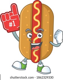 Hotdog Cartoon character design style with a red foam finger. Vector illustration