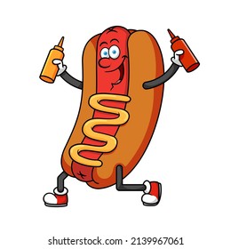 Hotdog Cartoon Character holding Sauce Bottles