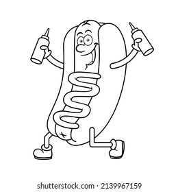 Hotdog Cartoon Character holding Sauce Bottles Outline