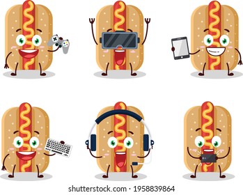 Hotdog cartoon character are playing games with various cute emoticons