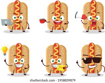 Hotdog cartoon character with various types of business emoticons