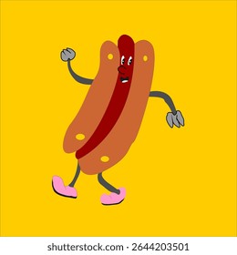 A hotdog cartoon character vector art illustration. Walking hotdog cartoon character, funny hotdog illustration.
