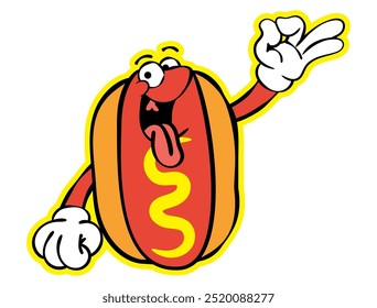 Personagens do Hotdog Cartoon fazendo um gesto delicioso com o dedo. Melhor para ícone, adesivo, logotipo e mascote com temas de negócios de comida de rua