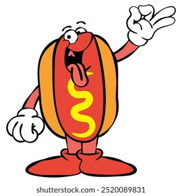 Personagens do Hotdog Cartoon fazendo um gesto delicioso com o dedo. Melhor para ícone, adesivo, logotipo e mascote com temas de negócios de comida de rua