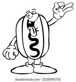 Personagens do Hotdog Cartoon fazendo um gesto delicioso com o dedo. Melhor para esboço, ícone, logotipo e livro de colorir com temas de negócios de comida de rua