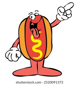 Personagens do Hotdog Cartoon fazendo um gesto de apontar com o dedo. Melhor para ícone, adesivo, logotipo e mascote com temas de negócios de comida de rua