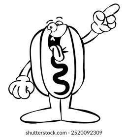 Personagens do Hotdog Cartoon fazendo um gesto de apontar com o dedo. Melhor para ícone, esboço, logotipo e livro de colorir com temas de negócios de comida de rua