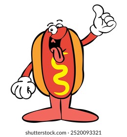 Personagens do Hotdog Cartoon fazendo gesto polegar para cima com significa comidas deliciosas. Melhor para ícone, adesivo, logotipo e mascote com temas de negócios de comida de rua