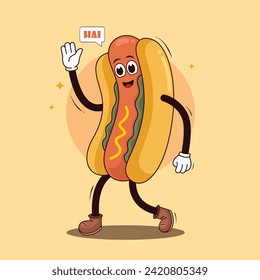 Hotdog cartoon characters trendy groovy hippie retro style