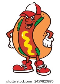 Hotdog cartoon characters wearing hat and sneakers. Best for sticker, logo, and mascot with street food themes