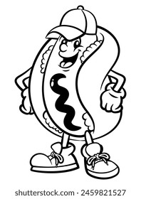 Hotdog cartoon characters wearing hat and sneakers. Best for outline, logo, and coloring book with street food themes