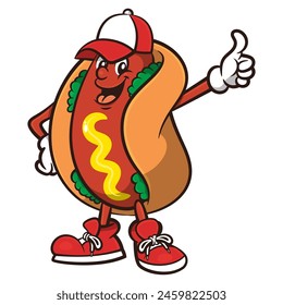 Hotdog cartoon characters wearing hat and sneakers doing thumbs up gesture with means delicious. Best for sticker, logo, and mascot with street food themes