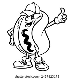 Hotdog cartoon characters wearing hat and sneakers doing thumbs up gesture with means delicious. Best for outline, logo, and coloring book with street food themes