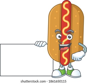 Hotdog cartoon drawing Thumbs up holding a white board. Vector illustration
