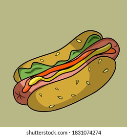 hotdog cartoon illustration with delicious sausage on yellow background