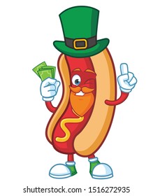 hotdog cartoon mascot character design vector with green hat patric day