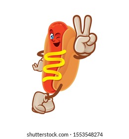 Hotdog Character Doing Peace Sign. Food Mascot Illustration