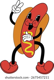 Hotdog Character with Retro Design Style. Isolated Vector Illustration.