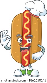 Hotdog chef cartoon drawing concept proudly wearing white hat. Vector illustration