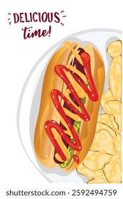 Hotdog with chips. Flat vector illustration for posters, menus, brochures, recipes, and the web. Delicious time hotdog poster. fast food Social media templates for promotions on the Food menu design.