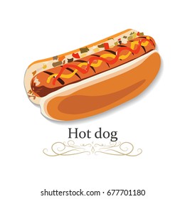 Hotdog - classic american fast food, sausage with mustard and ketchup. Vector isolated illustration fast food for poster, menus, brochure, web and icon fastfood.