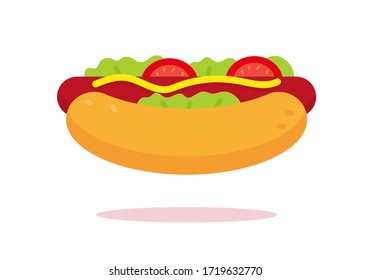 Hotdog con salchichas clásicas, tomates, ensalada y mostaza. Icono plano ilustración vectorial.