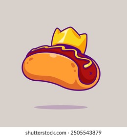 Hotdog With Crown Cartoon Vector Icon Illustration. Food Object Icon Concept Isolated Premium Vector. Flat Cartoon Style
