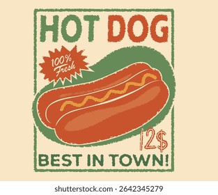 Hotdog design for t shirt. Hand drawn lettering for design t shirt. Crispy and delicious fast food artwork.