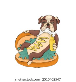 Hotdog, Dog Sitting On Burger Bun Holding Mayonnaise Bottle