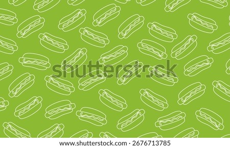 Hotdog Doodle Seamless Pattern. Outline Fast Food background. Perfect for fast food design, menu, wrapping, and textile prints.