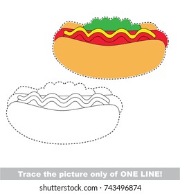 Hotdog Fast Food to be traced only of one line, the tracing educational game to preschool kids with easy game level, the colorful and colorless version.