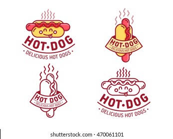 Hot-dog fast food. Label, icon and logo for cafe. Vector illustration