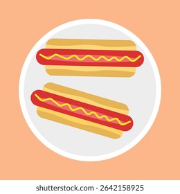 Hotdog filled with sausage and mustard sauce served on a plate