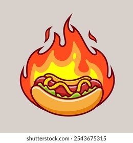 Hotdog With Fire Cartoon Vector Icon Illustration. Food Object Icon Concept Isolated Premium Vector. Flat Cartoon Style