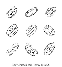 Hotdog food doodle line icon. Hand drawn outline. Concept isolated illustration