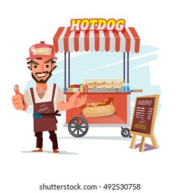 Hotdog food truck. street food with merchant. character design - vector illustration