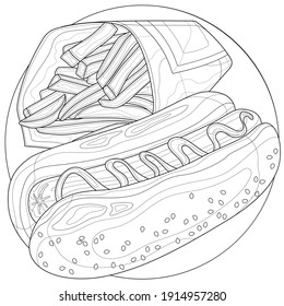 Hotdog and French fries.Coloring book antistress for children and adults. Zen-tangle style.Black and white drawing.Hand draw