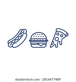Hotdog Hamburger And Pizza Slice Line Icons On White Background