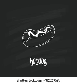 Hotdog hand drawn objects and symbols with Chalkboard Background. Hotdog sketch cartoon style with color, vector illustration