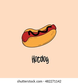 Hotdog hand drawn objects and symbols with color. Hotdog sketch cartoon style with color, vector illustration