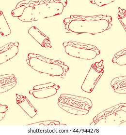 Hotdog hand drawn seamless pattern. EPS8 vector illustration.