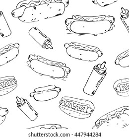 Hotdog hand drawn seamless pattern. EPS8 vector illustration.